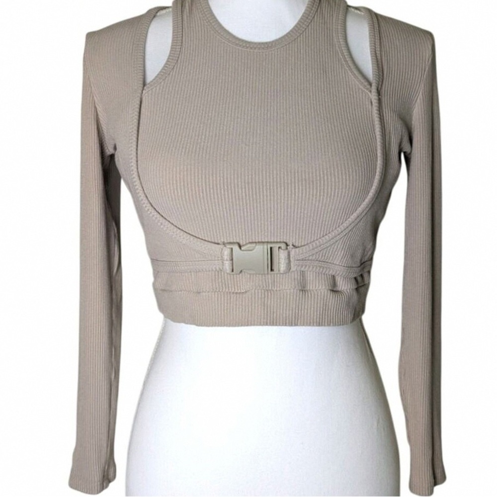 Elegant Beige Long Sleeve Crop Top